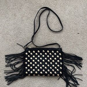 Rebecca Minkoff Black Crossbody Bag with Gold Studs and Fringe